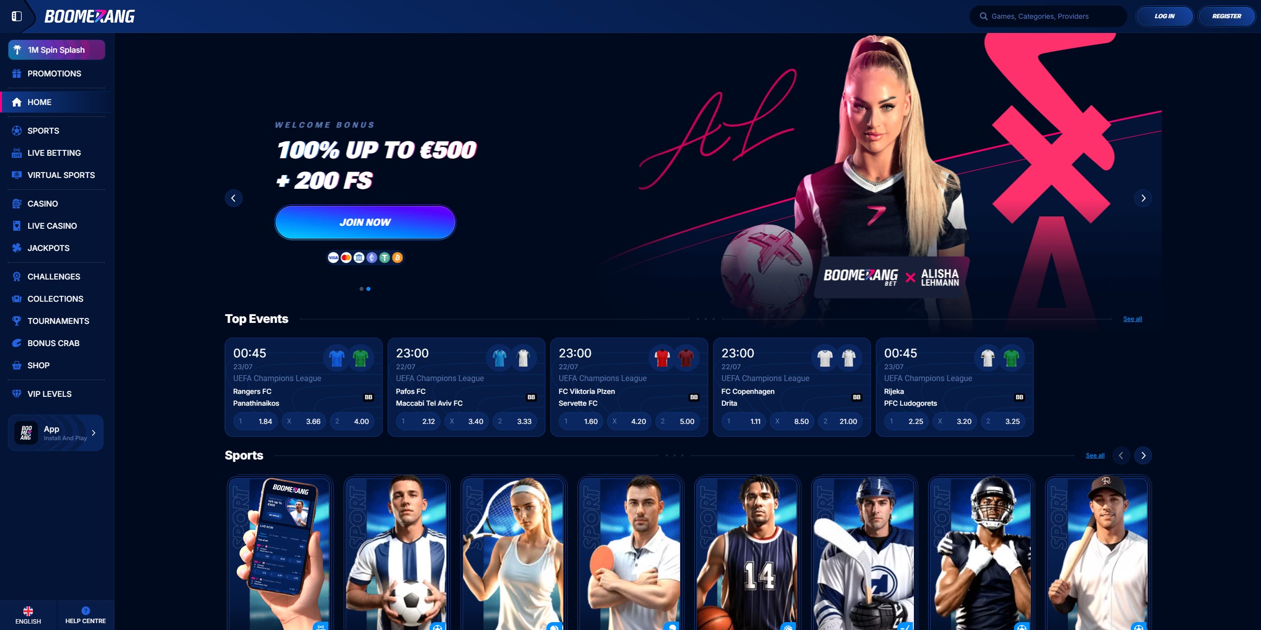 Screenshot of the Boomerang Casino login form on the main interface